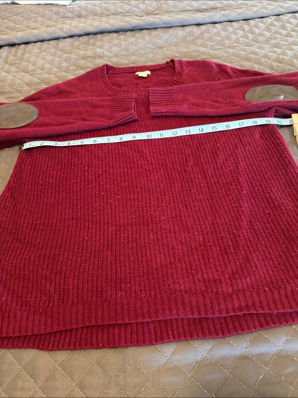 J. Crew Burgundy Crewneck Sweater with Brown Elbow Patches